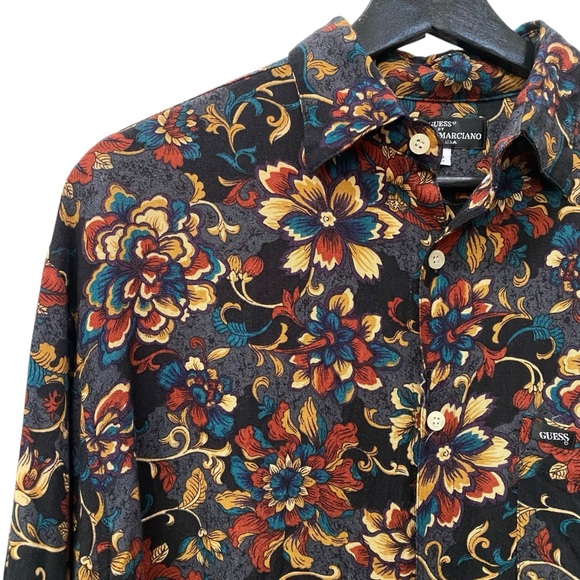 Vintage 80s Guess Marciano Black Floral Patterned Top Shirt Baggy Oversized - Picture 2 of 6